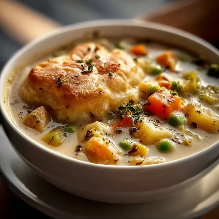 A bowl of delicious Veggie Pot Pie Soup with colorful vegetables and a flaky crust.