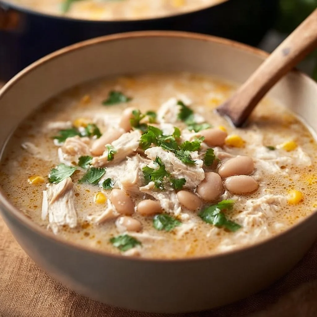 Bowl of creamy White Chicken Chili with toppings