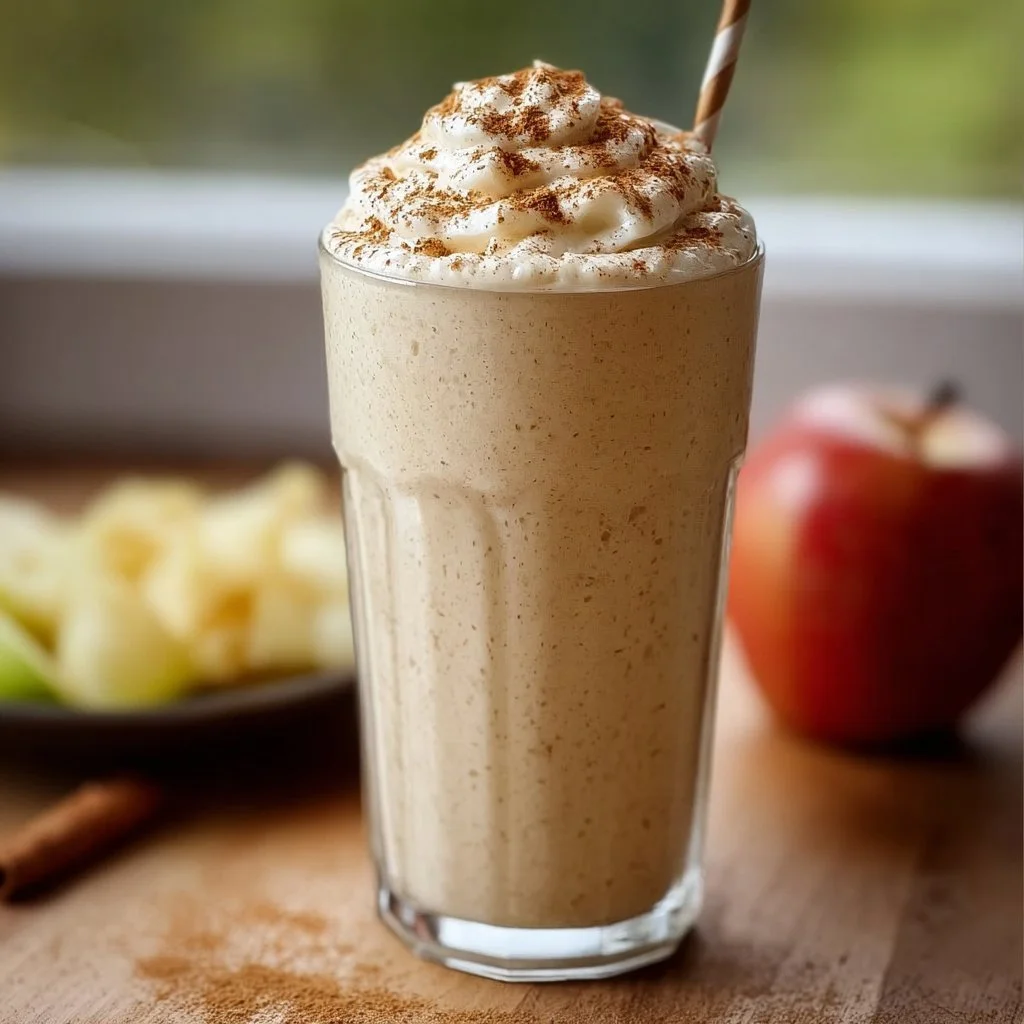 Delicious apple pie smoothie in a glass with apple slices and cinnamon