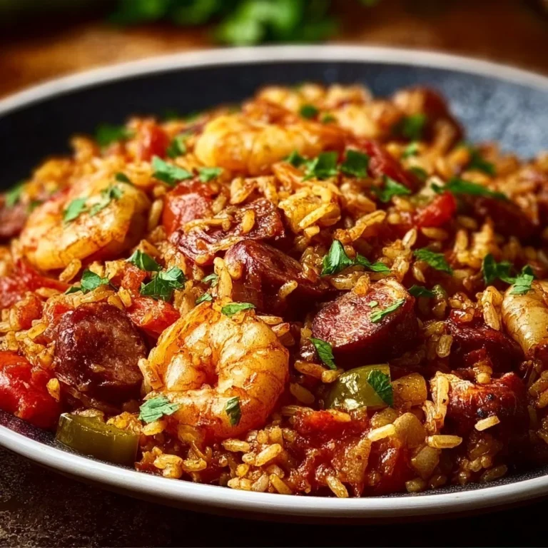 A plate of Authentic Cajun Jambalaya with spices, rice, and seafood.