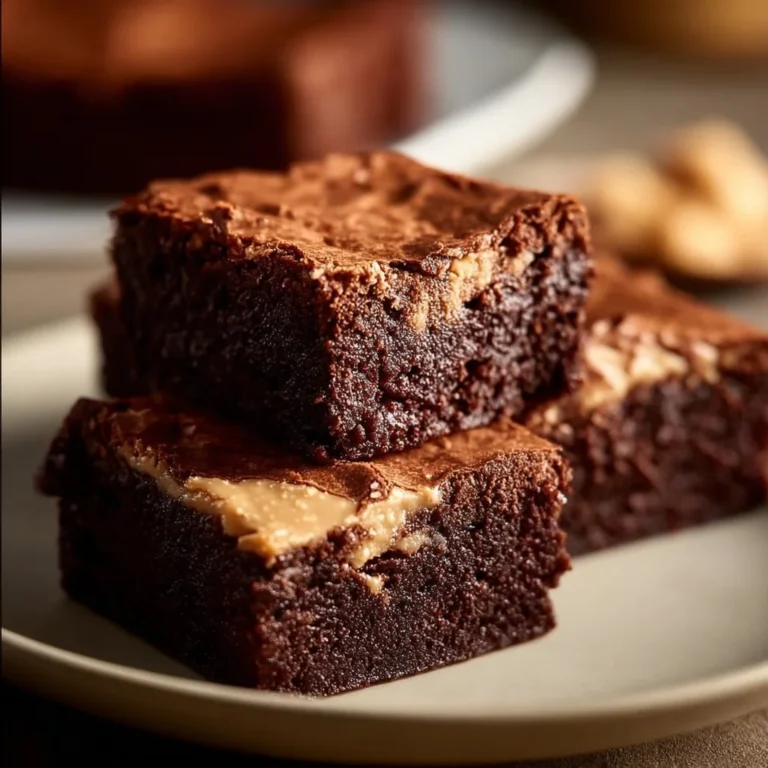 Delicious Baileys brownies served on a plate, drizzled with chocolate.
