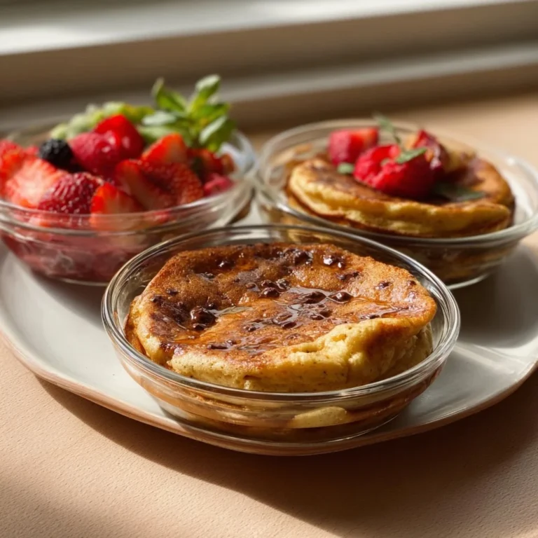 Baked protein pancake bowls topped with fruits and nuts