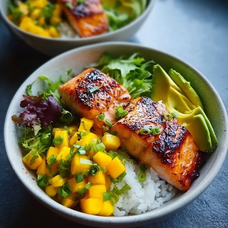 BBQ Salmon Bowl with Mango Avocado Salsa deliciously plated for a healthy meal