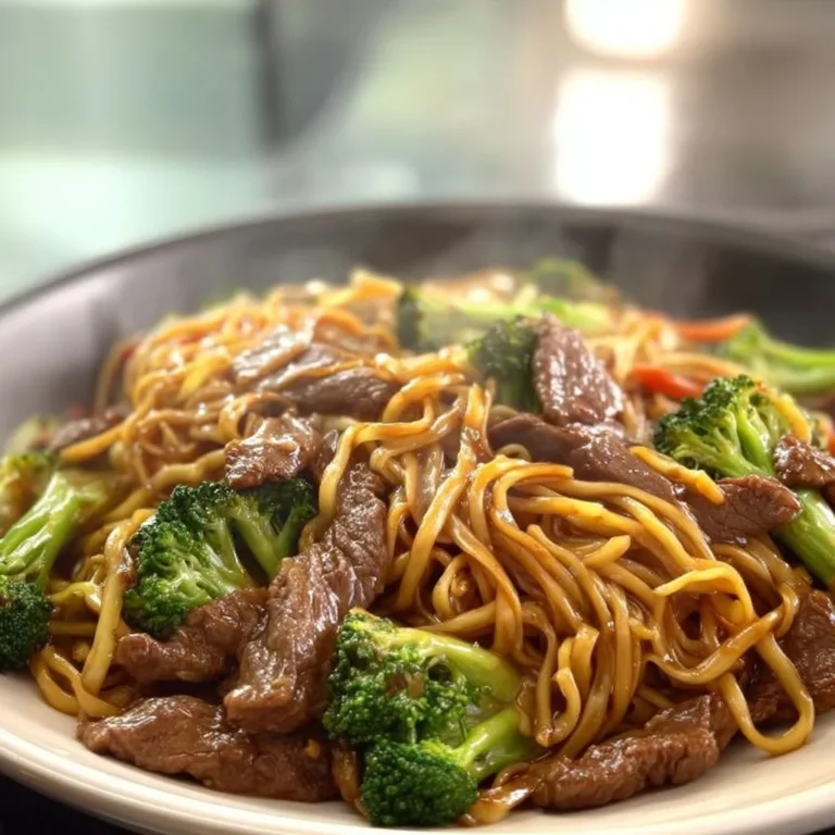 Beef and Broccoli Lo Mein Noodles garnished with vegetables and sauce