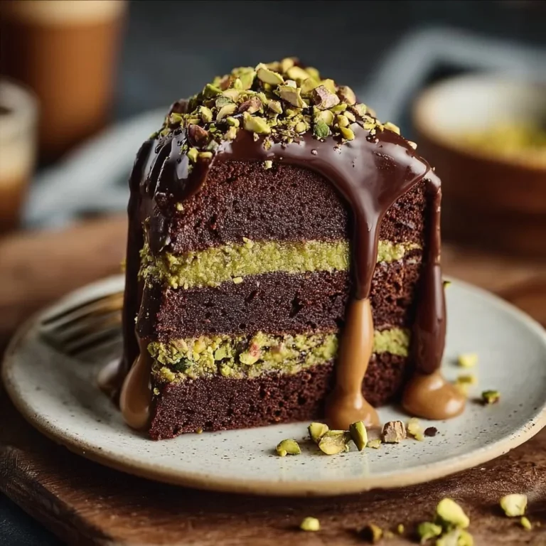 Delicious slice of pistachio chocolate cake topped with nuts and chocolate frosting.
