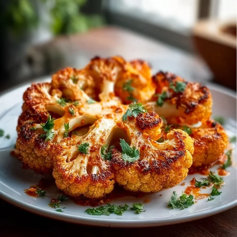 Buffalo Cauliflower Steak served on a plate with dipping sauce