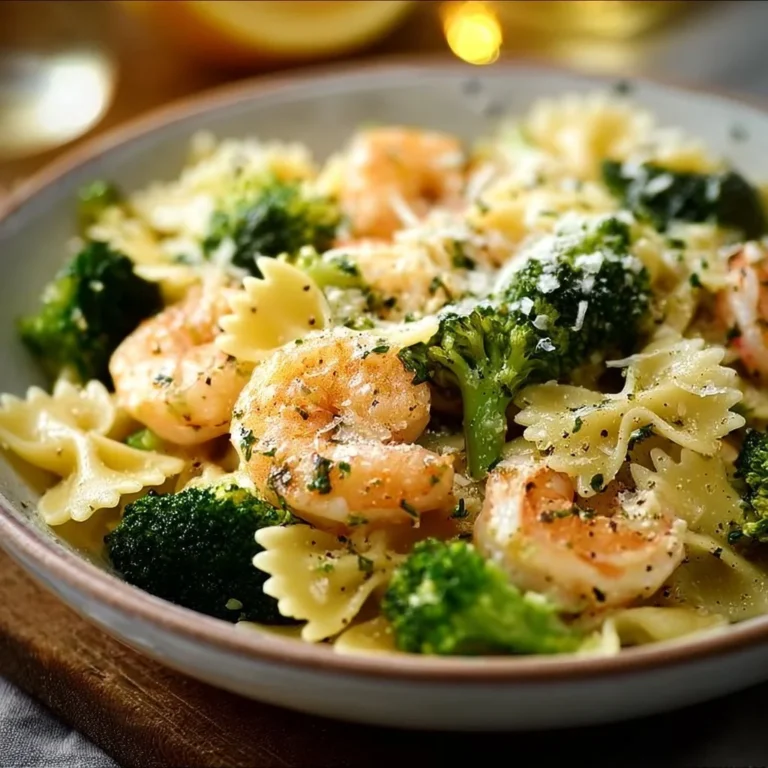 Butterfly pasta with shrimp and broccoli served in a bowl