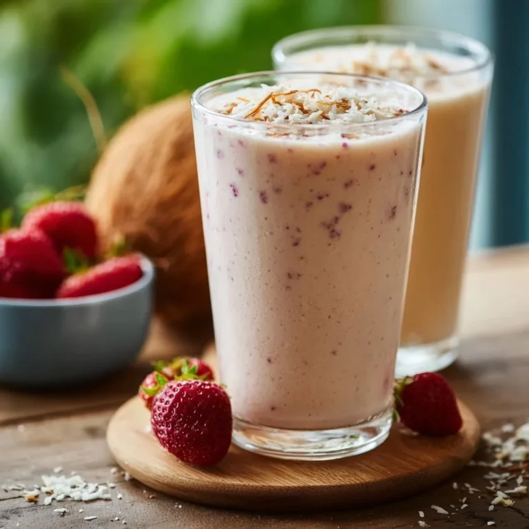 Refreshing coconut milk smoothies served in a glass with fruits and mint on top.
