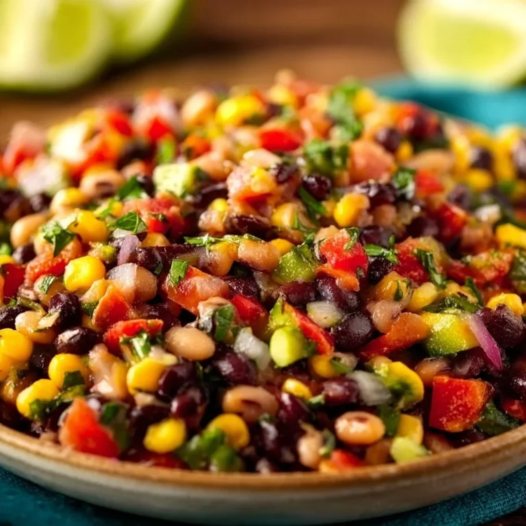 A colorful bowl of Cowboy Caviar featuring black beans, corn, tomatoes, and peppers.