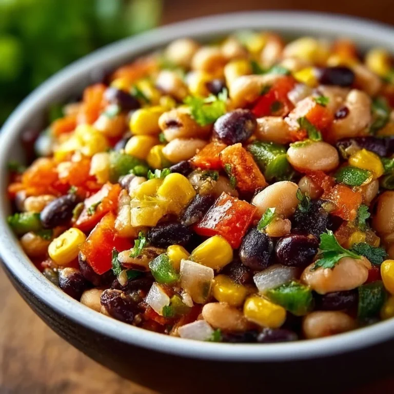 Bowl of colorful Cowboy Caviar salad with beans and vegetables.