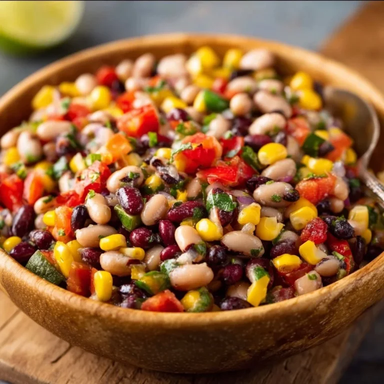 Delicious Cowboy Caviar mixed with beans, veggies, and a tangy dressing.