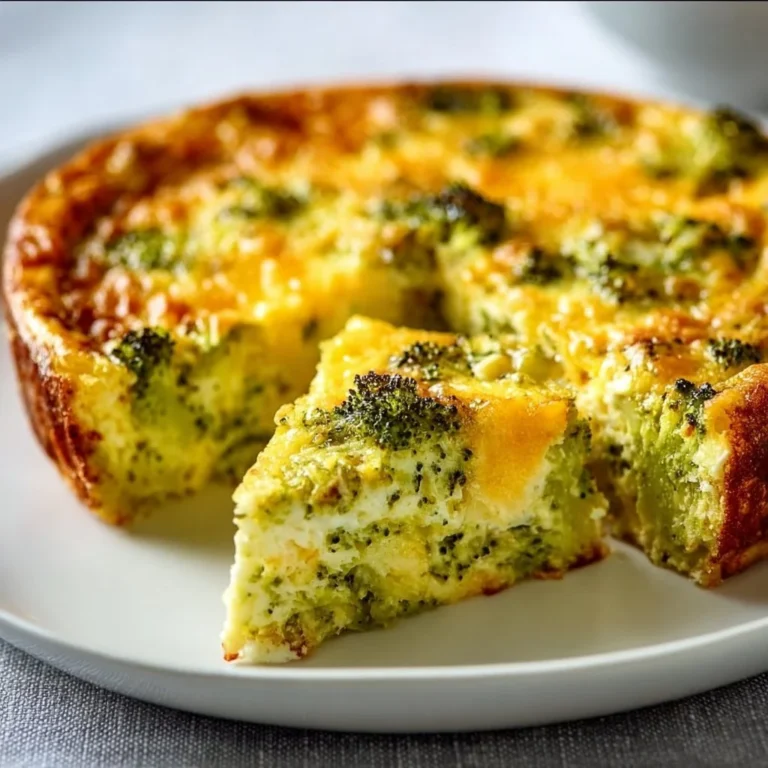 Slice of Broccoli and Cheddar Crustless Quiche on a plate