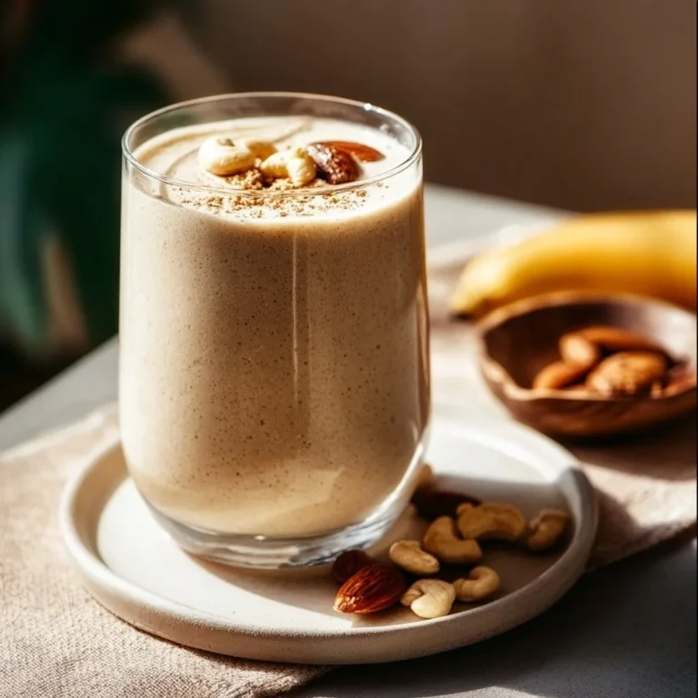 Creamy cashew date shake garnished with nuts and dates in a glass