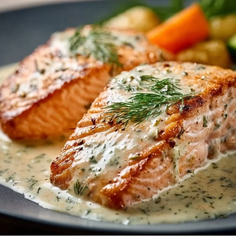 Creamy dill salmon dish garnished with fresh herbs.
