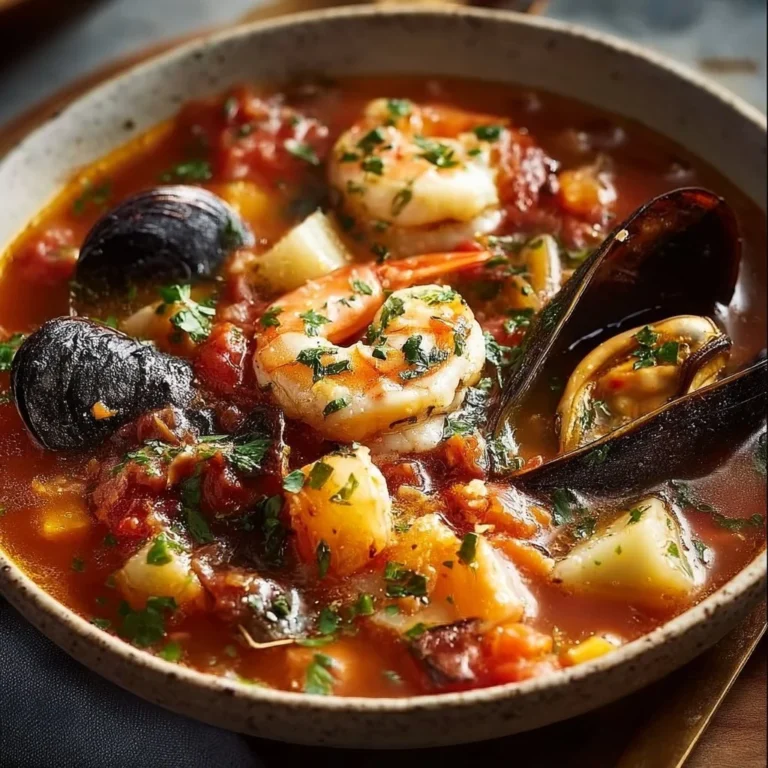 Bowl of easy cioppino seafood stew with blue crab and shrimp, garnished with parsley.