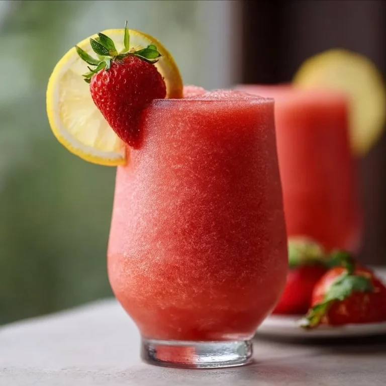 Easy frozen strawberry lemonade in a glass with fresh strawberries.