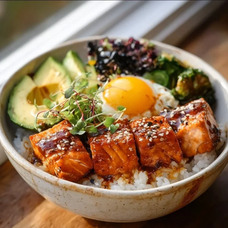 Healthy salmon rice bowl with fresh ingredients and vibrant colors