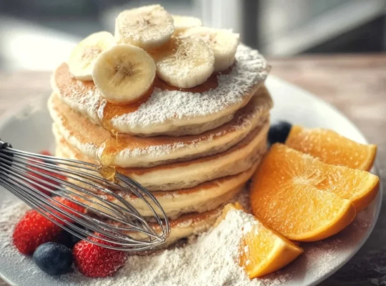 Stack of high protein pancakes topped with fresh berries and syrup