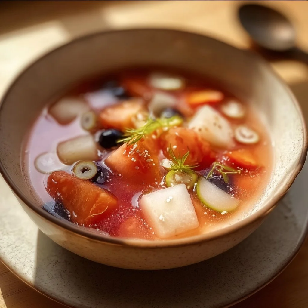 Colorful bowl of Hwachae, a traditional Korean fruit punch with seasonal fruits.