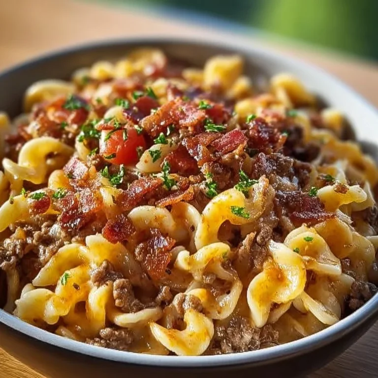 Delicious loaded bacon cheeseburger pasta topped with cheese and bacon.