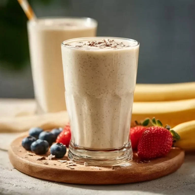 Low calorie vanilla protein shake in a glass with ingredients