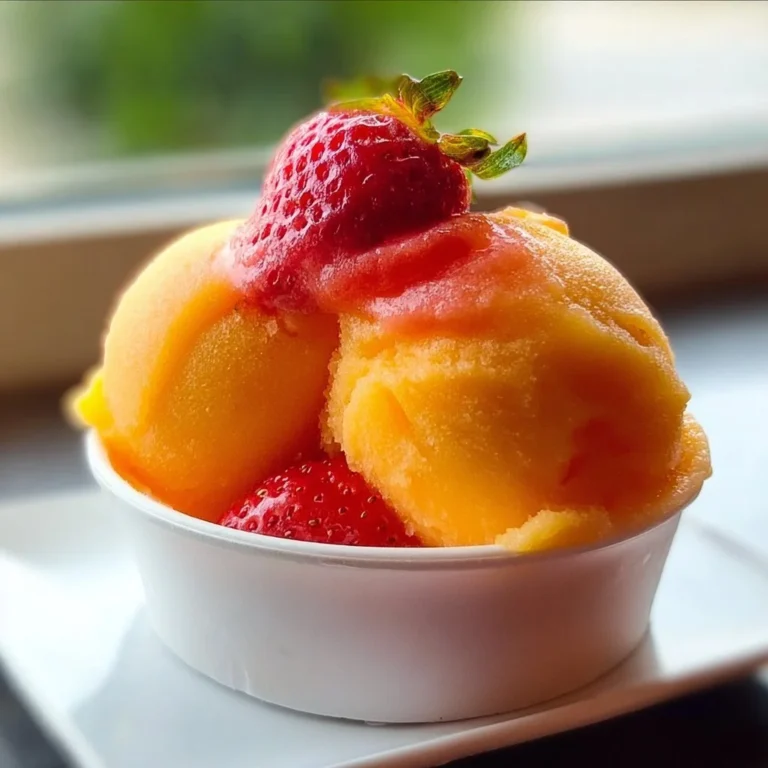A bowl of vibrant Mango Strawberry Sorbet garnished with fresh strawberries.