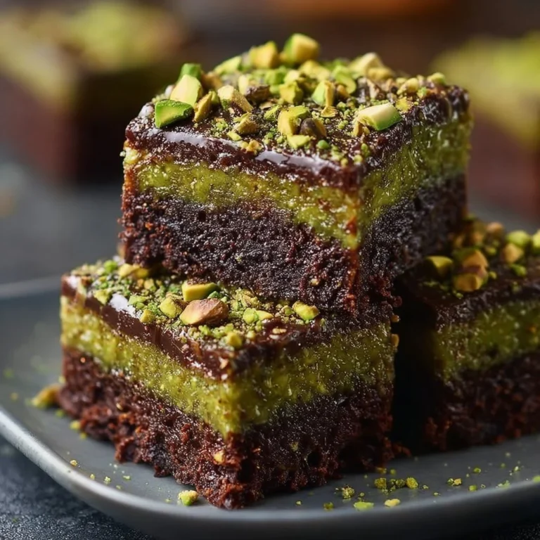 Pistachio Kunafa Chocolate Brownies topped with nuts and chocolate drizzle