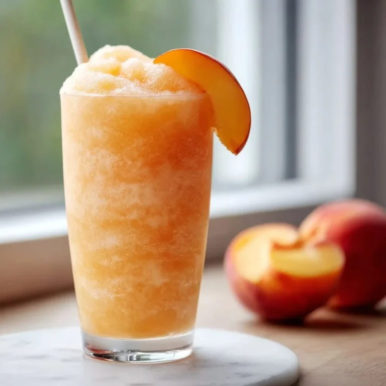 Refreshing homemade peach slurpees served in a colorful cup