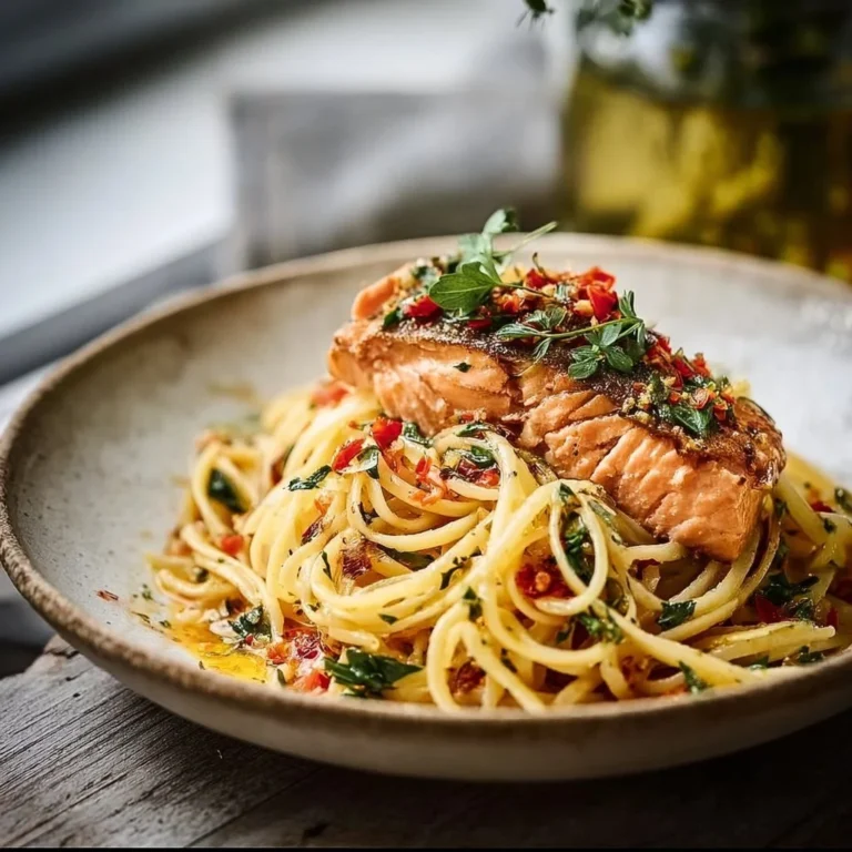 Plate of Salmon Linguine drizzled with chili oil, showcasing vibrant colors and ingredients.