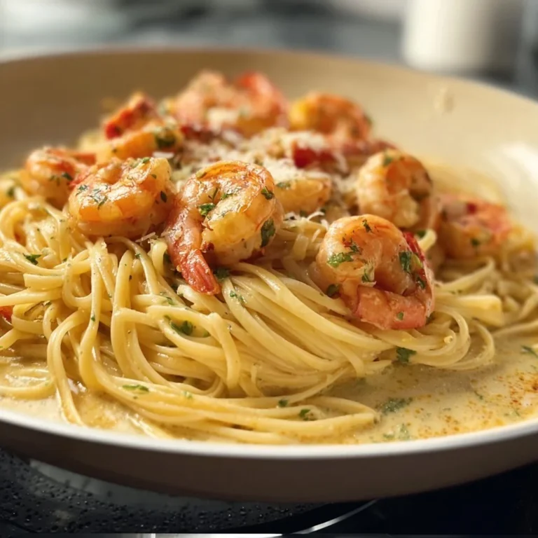 Delicious shrimp scampi pasta garnished with parsley and lemon