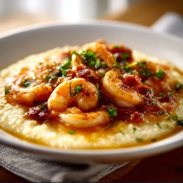 Delicious Southern shrimp and grits served in a bowl with a garnishing of herbs.
