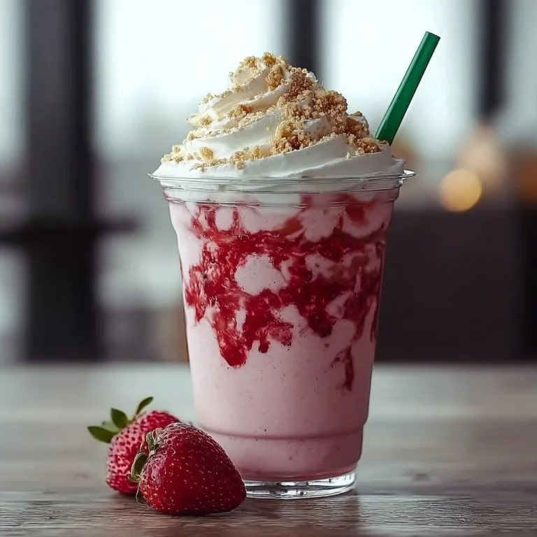 Strawberry Cheesecake Frappuccino topped with whipped cream and strawberries