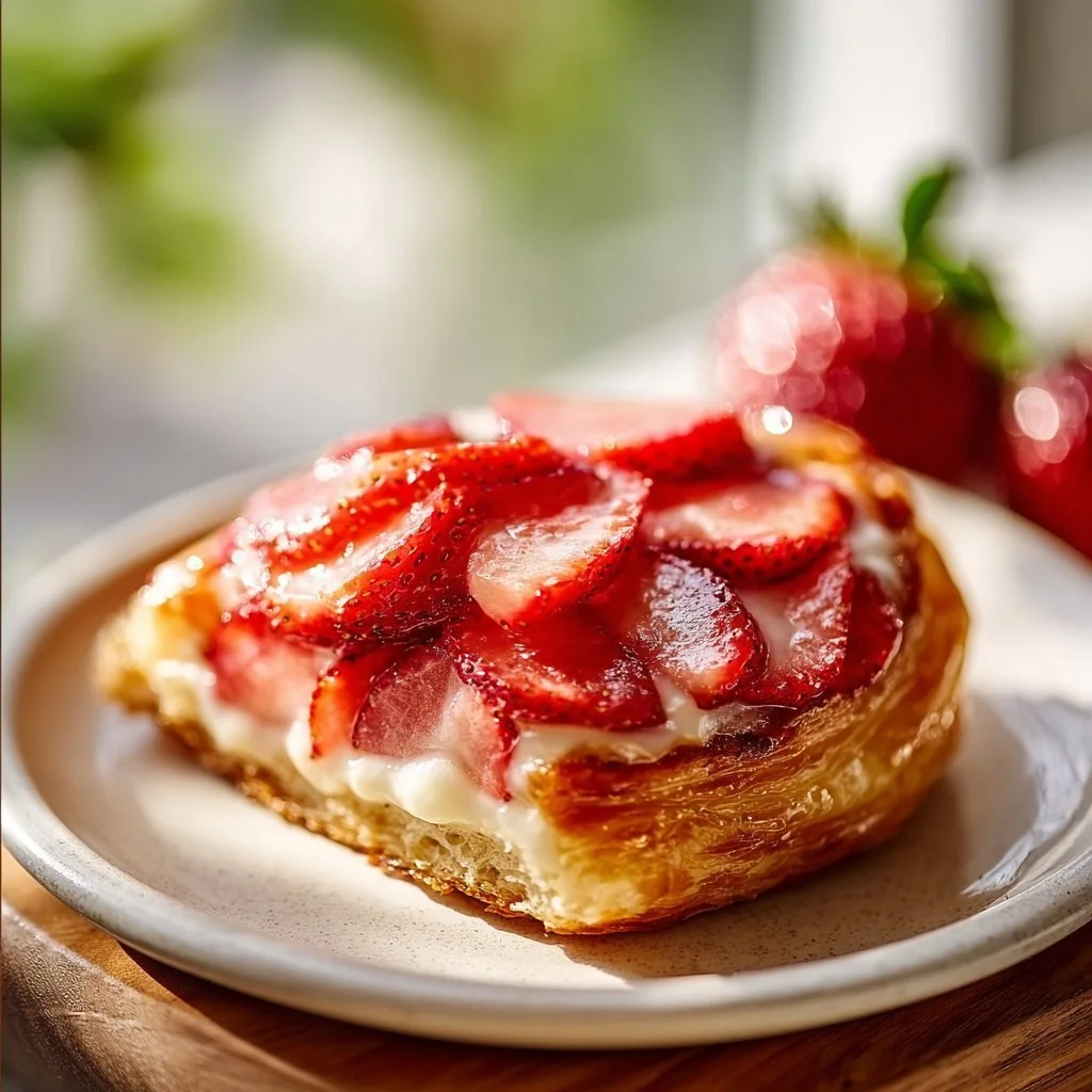 Freshly baked Strawberry Danish pastry topped with sweet strawberries.