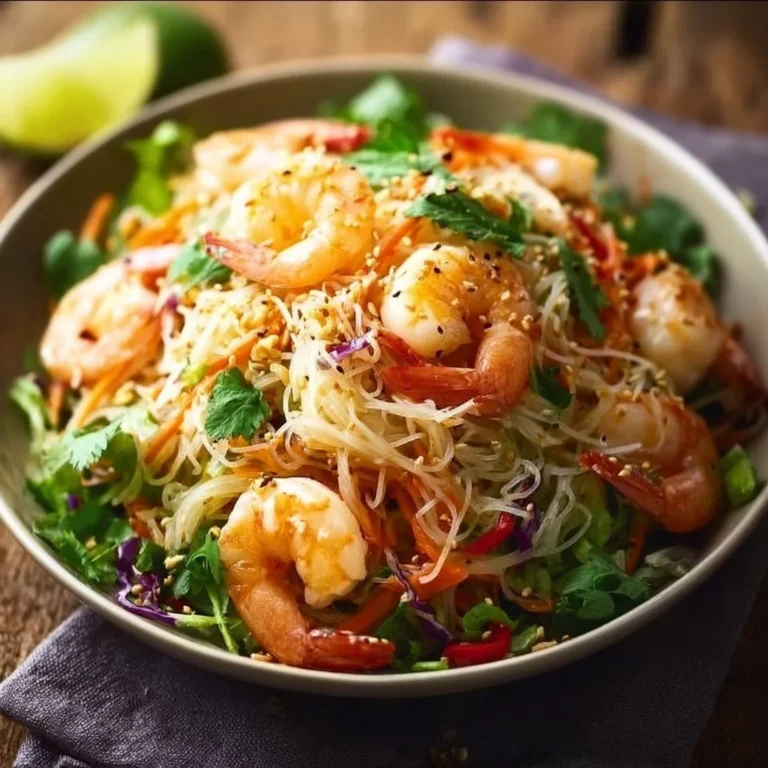 Delicious Thai shrimp noodle salad garnished with fresh vegetables and herbs