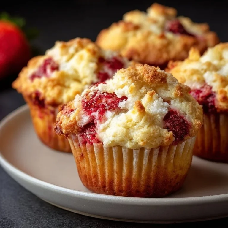 Plate of freshly baked strawberry cheese muffins with strawberries on the side