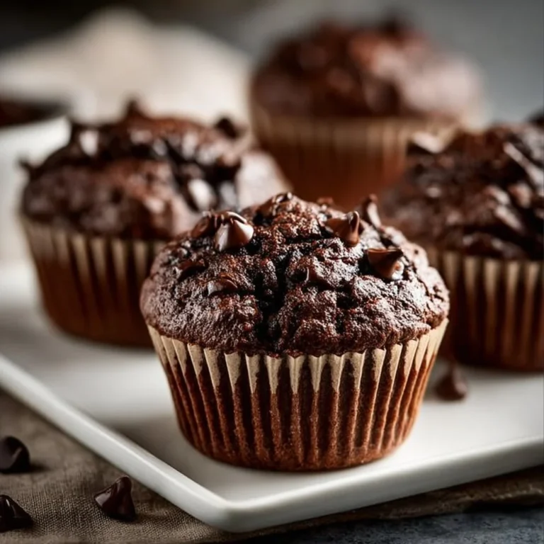 Double chocolate espresso muffins topped with cocoa and coffee beans