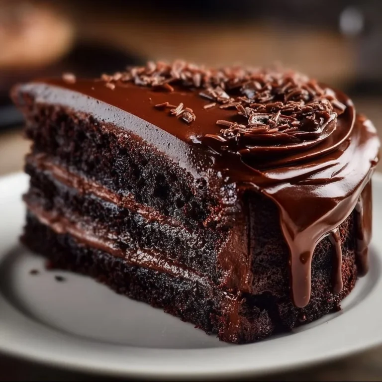 Ultimate chocolate fudge cake topped with chocolate ganache and sprinkles.