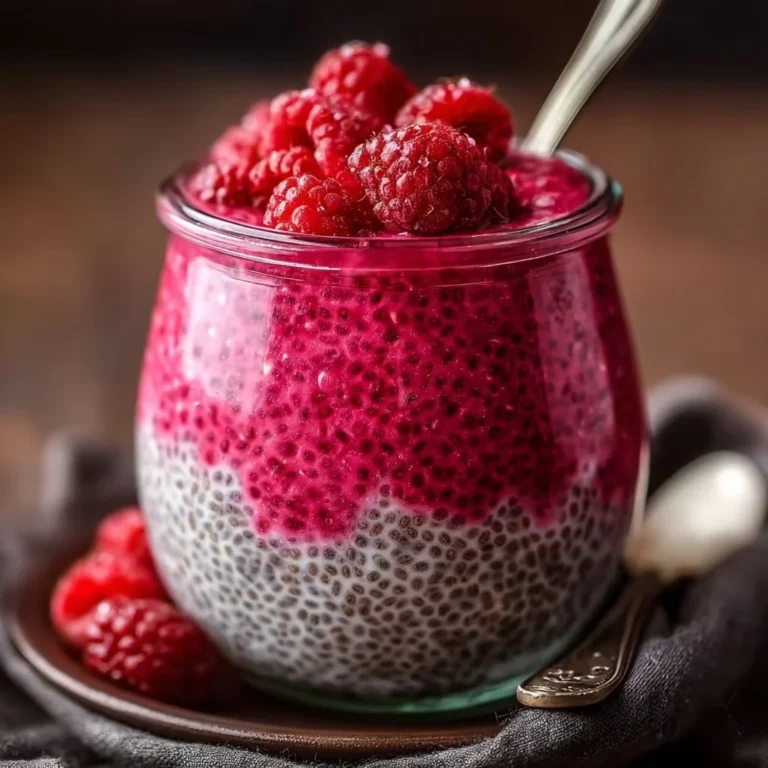 Vegan raspberry chia pudding served in a bowl with fresh raspberries on top.