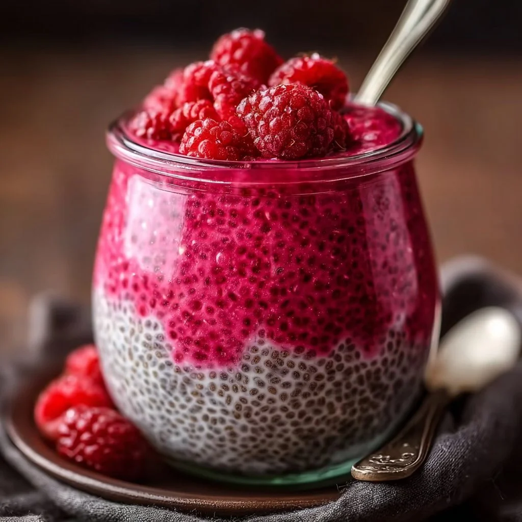 Vegan raspberry chia pudding served in a bowl with fresh raspberries on top.